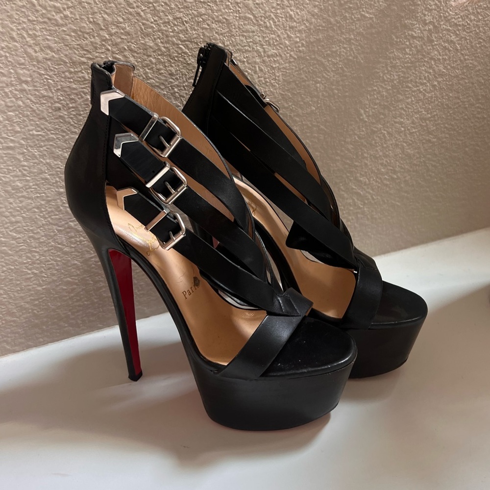 Authentic black buckle open toe platform Christian Louboutin heels shoes size 38